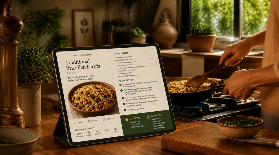 A tablet displaying the Farofa Brasil ebook recipe card beside a skillet on a warm wooden counter