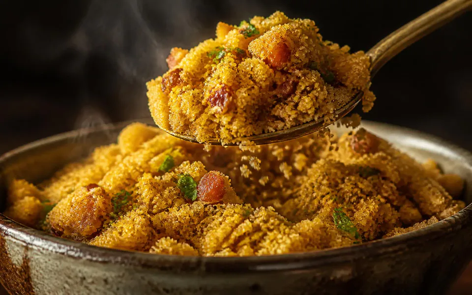A brass spoon lifting steaming golden farofa with crisp crumbs and fresh herbs