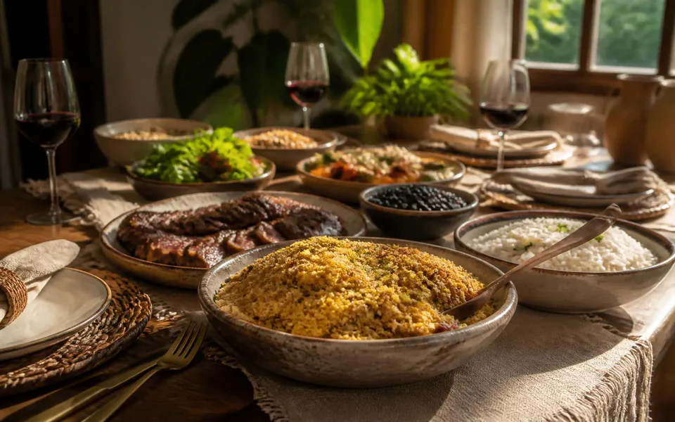 A bowl of farofa at the center of a Brazilian table set with grilled meat, rice, beans and salad