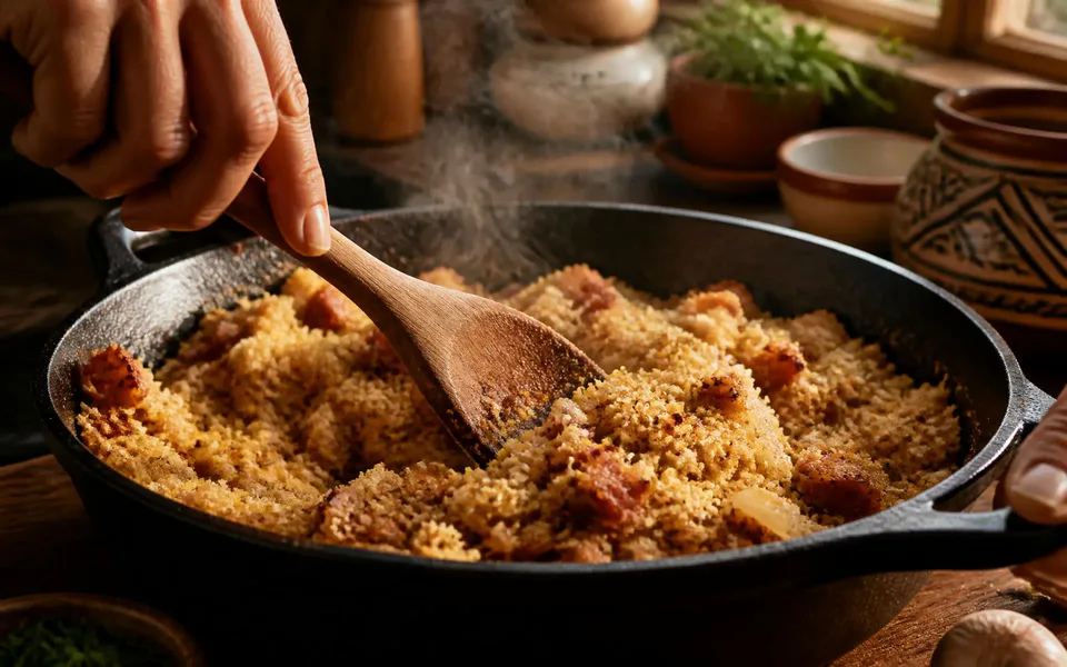 Hands stirring golden farofa with a wooden spoon in a cast iron skillet, steam rising
