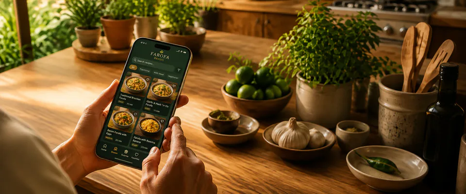 Hands holding a phone displaying the Farofa Brasil recipe app on a sunlit wooden kitchen counter